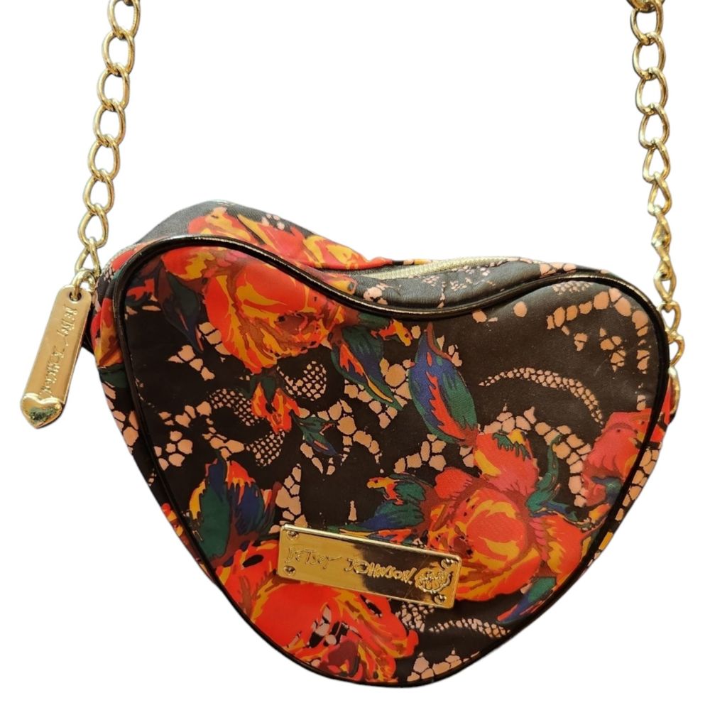 Betsy Johnson Satin Heart Crossbody Purse Gold-tone Chain Accent Rose Lace print